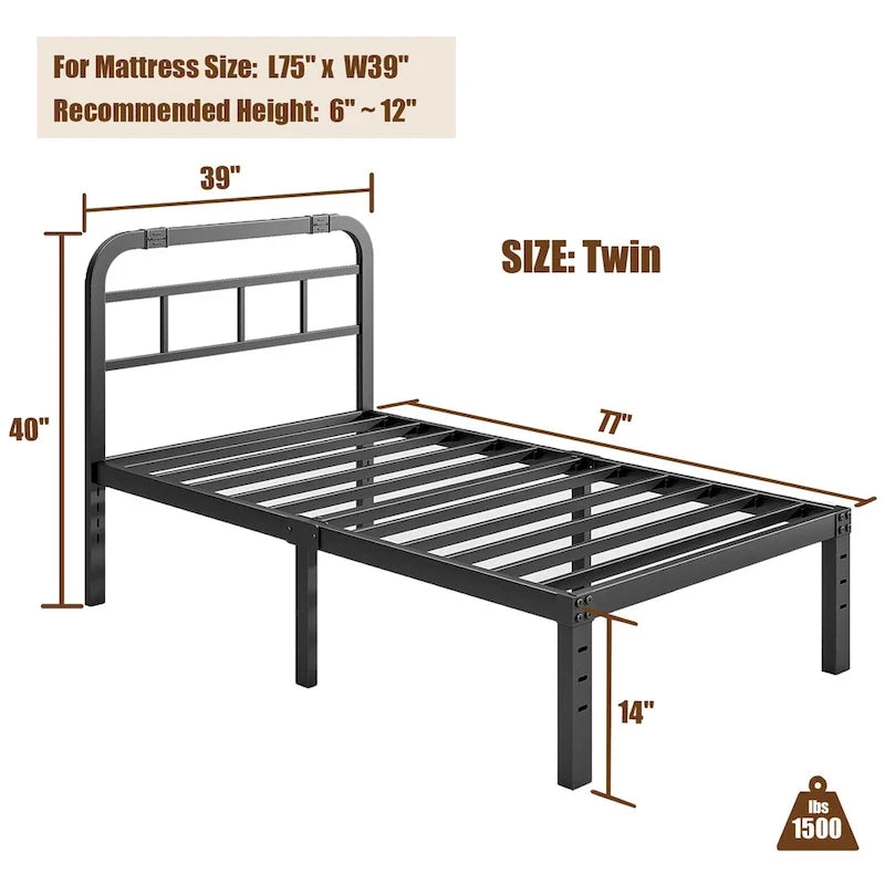 Cadre de lit en métal noir avec tête de lit, H 14 po, 2500 lb, simple/simple XL/grand/très grand, 1 personne
