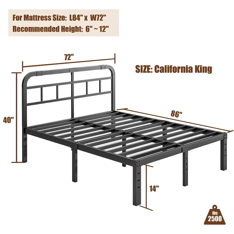 Cadre de lit en métal noir avec tête de lit, H 14 po, 2500 lb, simple/simple XL/grand/très grand, 1 personne