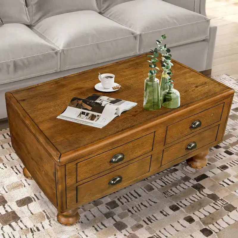Table basse rectangulaire, 4 tiroirs, bois de pin et MDF, placage chêne, pieds en forme de gourde, 101,6 cm (L) x 59,9 cm (l) x 50,8 cm (H), marron/espresso