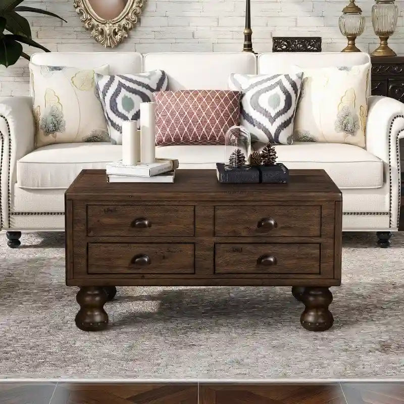 Table basse rectangulaire, 4 tiroirs, bois de pin et MDF, placage chêne, pieds en forme de gourde, 101,6 cm (L) x 59,9 cm (l) x 50,8 cm (H), marron/espresso