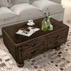 Table basse rectangulaire, 4 tiroirs, bois de pin et MDF, placage chêne, pieds en forme de gourde, 101,6 cm (L) x 59,9 cm (l) x 50,8 cm (H), marron/espresso