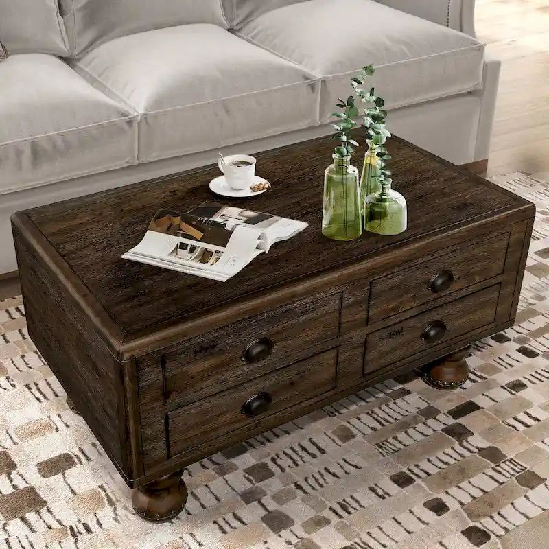 Table basse rectangulaire, 4 tiroirs, bois de pin et MDF, placage chêne, pieds en forme de gourde, 101,6 cm (L) x 59,9 cm (l) x 50,8 cm (H), marron/espresso