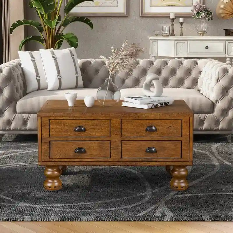 Table basse rectangulaire, 4 tiroirs, bois de pin et MDF, placage chêne, pieds en forme de gourde, 101,6 cm (L) x 59,9 cm (l) x 50,8 cm (H), marron/espresso