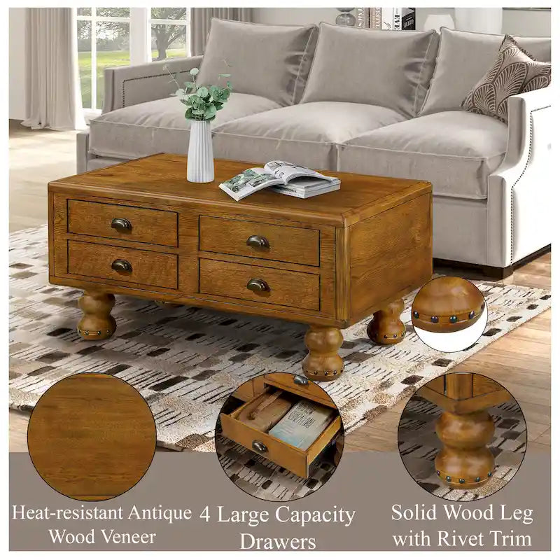 Table basse rectangulaire, 4 tiroirs, bois de pin et MDF, placage chêne, pieds en forme de gourde, 101,6 cm (L) x 59,9 cm (l) x 50,8 cm (H), marron/espresso