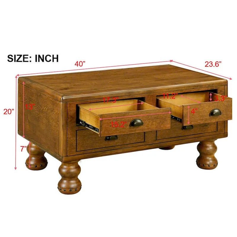 Table basse rectangulaire, 4 tiroirs, bois de pin et MDF, placage chêne, pieds en forme de gourde, 101,6 cm (L) x 59,9 cm (l) x 50,8 cm (H), marron/espresso