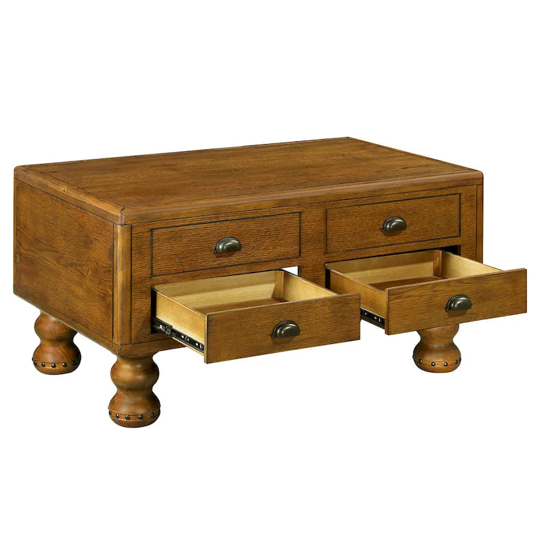Table basse rectangulaire, 4 tiroirs, bois de pin et MDF, placage chêne, pieds en forme de gourde, 101,6 cm (L) x 59,9 cm (l) x 50,8 cm (H), marron/espresso