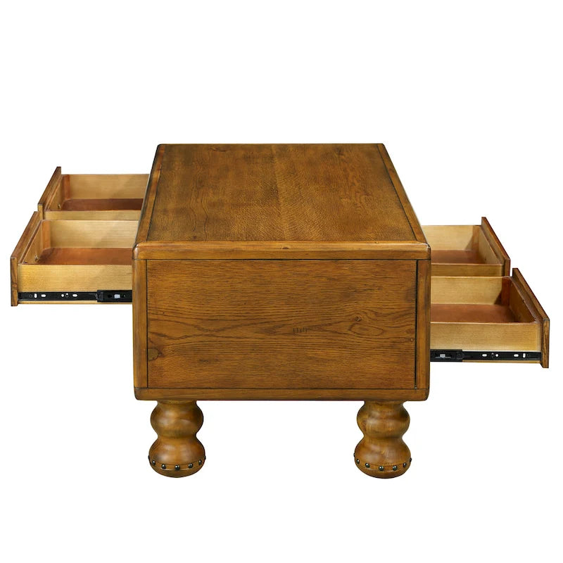 Table basse rectangulaire, 4 tiroirs, bois de pin et MDF, placage chêne, pieds en forme de gourde, 101,6 cm (L) x 59,9 cm (l) x 50,8 cm (H), marron/espresso