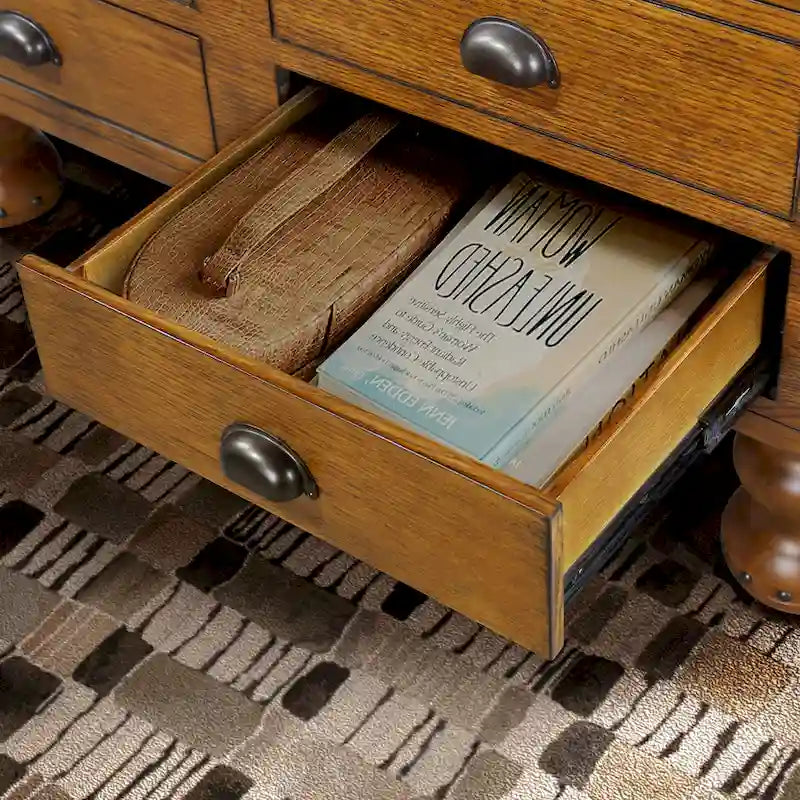 Table basse rectangulaire, 4 tiroirs, bois de pin et MDF, placage chêne, pieds en forme de gourde, 101,6 cm (L) x 59,9 cm (l) x 50,8 cm (H), marron/espresso