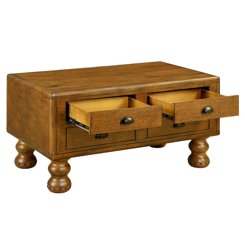 Table basse rectangulaire, 4 tiroirs, bois de pin et MDF, placage chêne, pieds en forme de gourde, 101,6 cm (L) x 59,9 cm (l) x 50,8 cm (H), marron/espresso