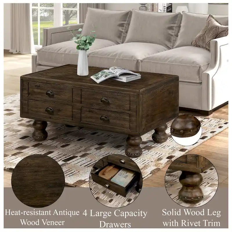 Table basse rectangulaire, 4 tiroirs, bois de pin et MDF, placage chêne, pieds en forme de gourde, 101,6 cm (L) x 59,9 cm (l) x 50,8 cm (H), marron/espresso