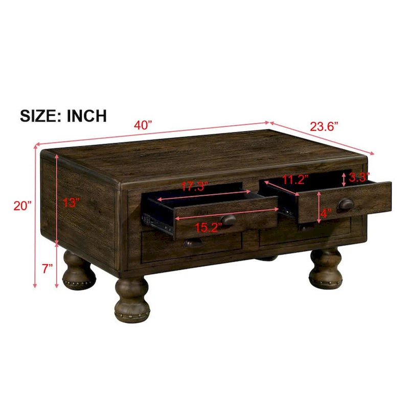 Table basse rectangulaire, 4 tiroirs, bois de pin et MDF, placage chêne, pieds en forme de gourde, 101,6 cm (L) x 59,9 cm (l) x 50,8 cm (H), marron/espresso