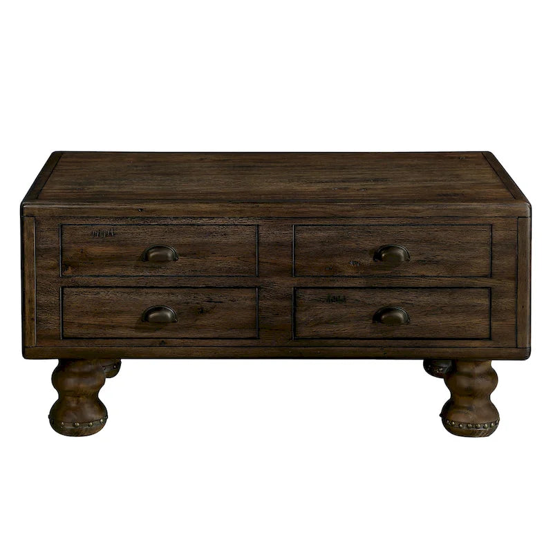 Table basse rectangulaire, 4 tiroirs, bois de pin et MDF, placage chêne, pieds en forme de gourde, 101,6 cm (L) x 59,9 cm (l) x 50,8 cm (H), marron/espresso