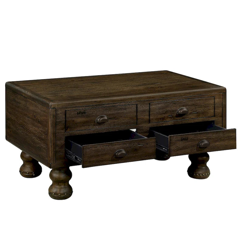 Table basse rectangulaire, 4 tiroirs, bois de pin et MDF, placage chêne, pieds en forme de gourde, 101,6 cm (L) x 59,9 cm (l) x 50,8 cm (H), marron/espresso