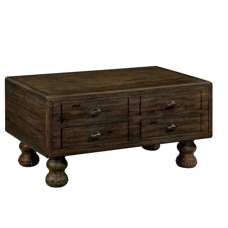 Table basse rectangulaire, 4 tiroirs, bois de pin et MDF, placage chêne, pieds en forme de gourde, 101,6 cm (L) x 59,9 cm (l) x 50,8 cm (H), marron/espresso
