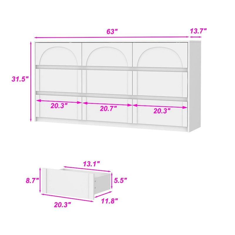 Commode 6 tiroirs, blanche, façade arquée, places N/A