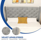 Lit plateforme King Wingback, gris, touffeté velours, avec tête et pied de lit, 2 places