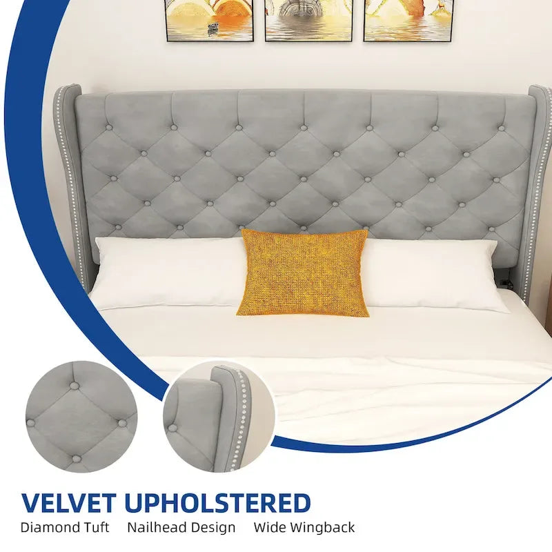 Lit plateforme King Wingback, gris, touffeté velours, avec tête et pied de lit, 2 places
