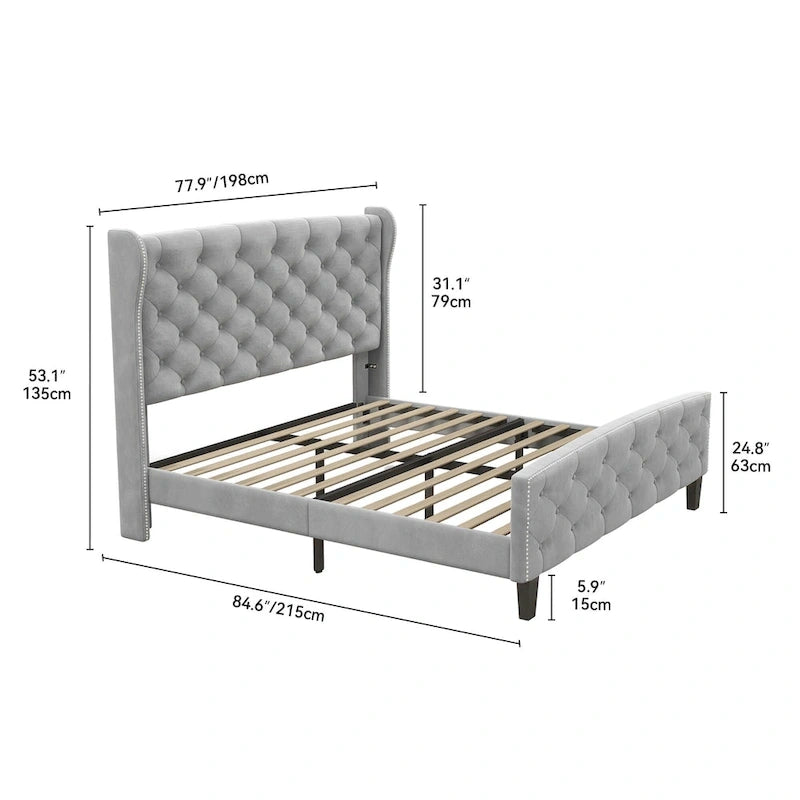 Lit plateforme King Wingback, gris, touffeté velours, avec tête et pied de lit, 2 places