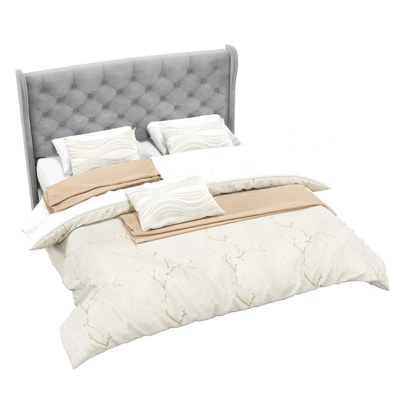 Lit plateforme King Wingback, gris, touffeté velours, avec tête et pied de lit, 2 places