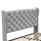 Lit plateforme King Wingback, gris, touffeté velours, avec tête et pied de lit, 2 places